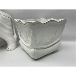 White glazed elephant jardiniere stand; Capo di Mote table centre-piece; and French game-pie dish