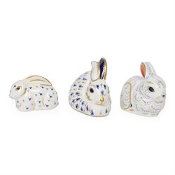 Three Royal Crown Derby rabbit paperweights, largest H7cm