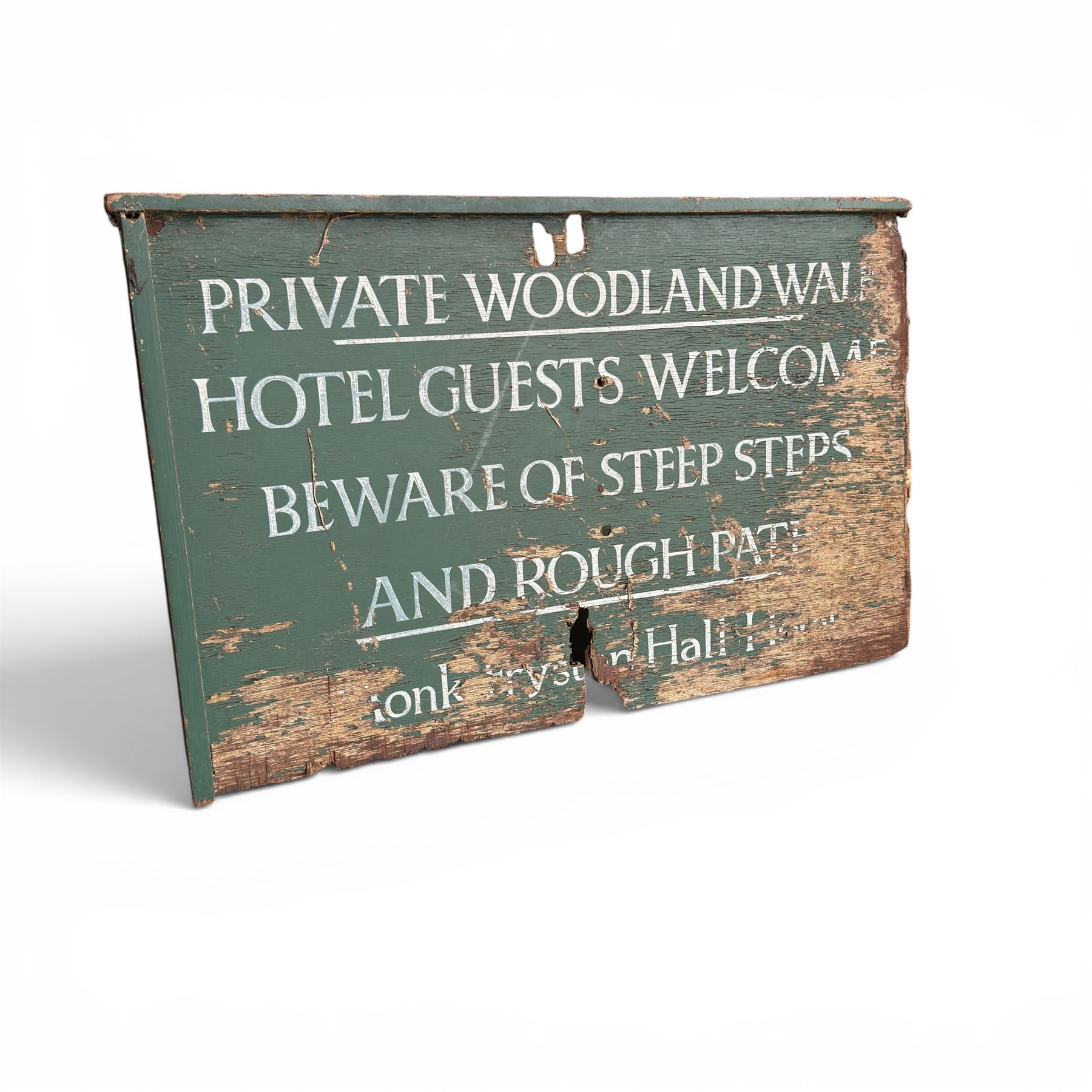 Private woodland walk wooden sign along with large saw and wooden step ladders