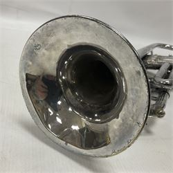 Victorian Class A silver plated trumpet retailed by Kitchen & Co,29 Queen Victoria Street Leeds, 1897 with mouthpiece/slide and in its original felt lined box
