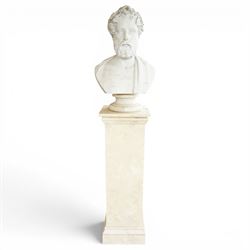 Aristide Louis Fontana (Italian 1834-1907): Grand Tour marble bust of a Roman emperor, probably inspired by portraits of Marcus Aurelius, portrayed with finely carved curled hair and beard beneath a grapevine wreath with trailing vine leaves and clusters of fruit, the draped shoulders and truncated chest raised upon a turned circular socle, signed to the reverse, H61cm; together with the associated faux marble pedestal of rectangular form, H94cm
Provenance: Kirkham Hall