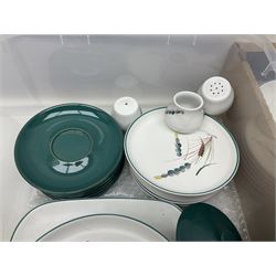Denby Green Wheat pattern part tea and dinner wares, including serving platters, teacups, teapot, side plates, etc, all with stamped mark beneath