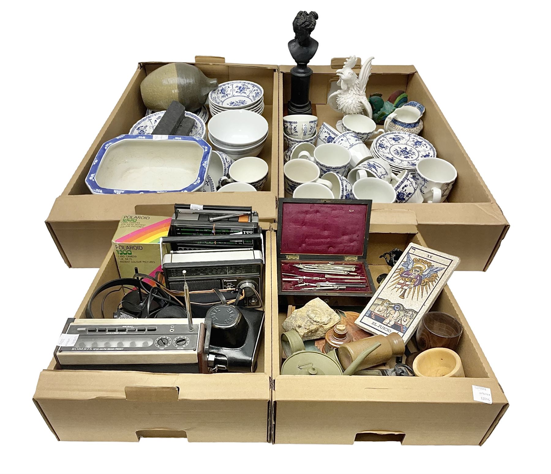 Johnson Bros Indies pattern tea and dinner wares, painted metal female bust on wooden plinth, three radios including one Roberts, Zenit B camera body, Polaroid 1000 land camera, Lorus wristwatch, and other ceramics etc, in four boxes