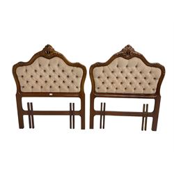 Pair Louis XVI design carved walnut single headboards, carved foliate cartouche pediment with extending scrollwork over inset buttoned cushion headboard