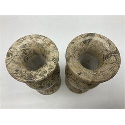 Pair of vases, of baluster form upon a stepped foot, with shell inclusions within the limestone, H15cm  