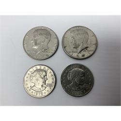 United States of America coinage, including 1876S half dollar (holed), various quarter dollars, 1986 one ounce fine silver dollar, 1988 uncirculated coin set etc