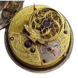 18th century silver pair cased verge fusee pocket watch for the Turkish market by Markwick Markham (London ca.1725-1805), square baluster pillars, pierced and engraved balance cock, white enamel dial with Turkish numerals
