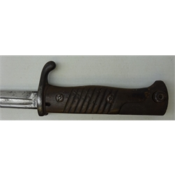  German Sword bayonet, 52cm fullered steel blade marked V.C Schlling, with ribbed wooden grip, in steel mounted scabbard with leather frog, L67cm  