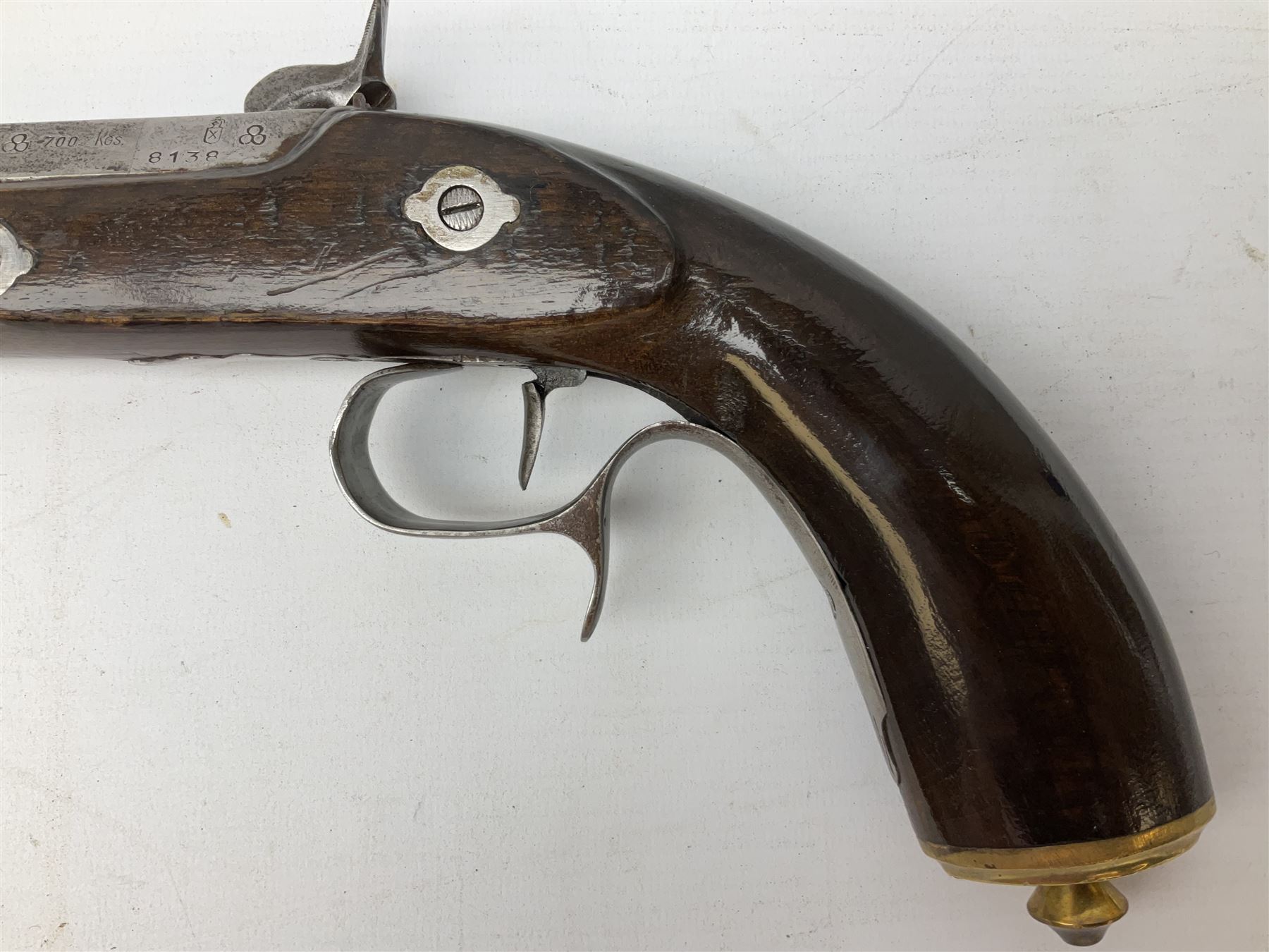 SECTION 1 FIREARMS CERTIFICATE REQUIRED OR REGISTERED FIREARMS DEALER - Pair of Reproduction Continental .44 calibre percussion target pistols, each with heavy 23.5cm octagonal to round barrel bearing various marks, crude scroll engraving to lock plate, hammer and octagonal section of barrel, unchequered walnut stock with brass butt plate and steel hooked trigger guard, numbered 8138 & 8164, L41.5cm overall; in maroon baize lined converted sapele mahogany fitted case bearing reproduction trade label for Trulock & Son Dublin containing small copper powder flask, steel scissor action bullet mould, nipple key, turned wooden mallet and lidded box, steel rammer and wooden cleaning rod, case L48cm