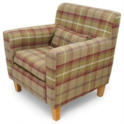 Contemporary pair of upholstered armchairs, in red and green chequered fabric with loose seat and back cushions, box arms and light stained square legs