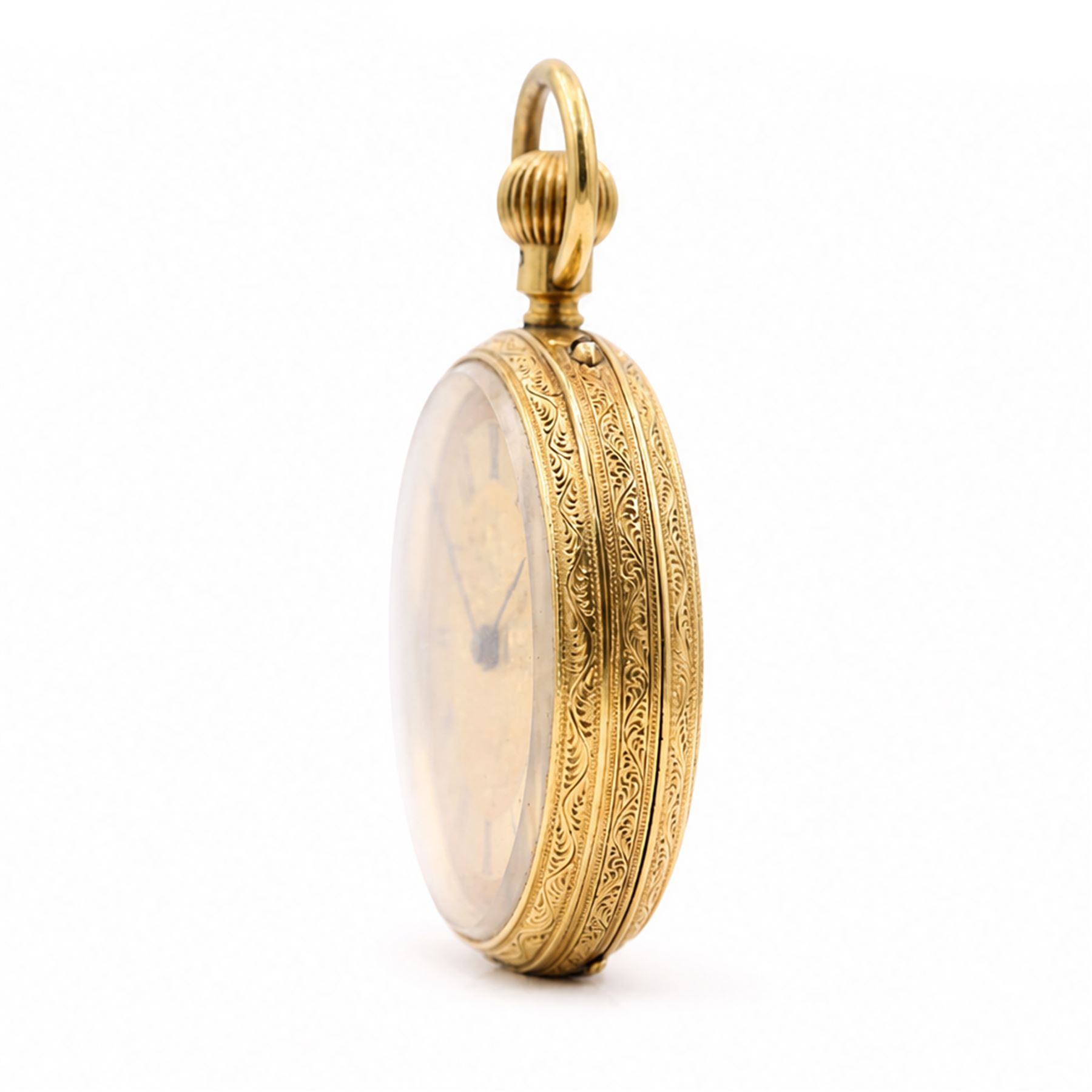 Victorian 18ct gold open face keyless lever presentation pocket watch, No. 44877, gilt dial with Roman numeral hour markers, engraved foliate case with empty cartouche, case makers mark W.S, Chester 1892