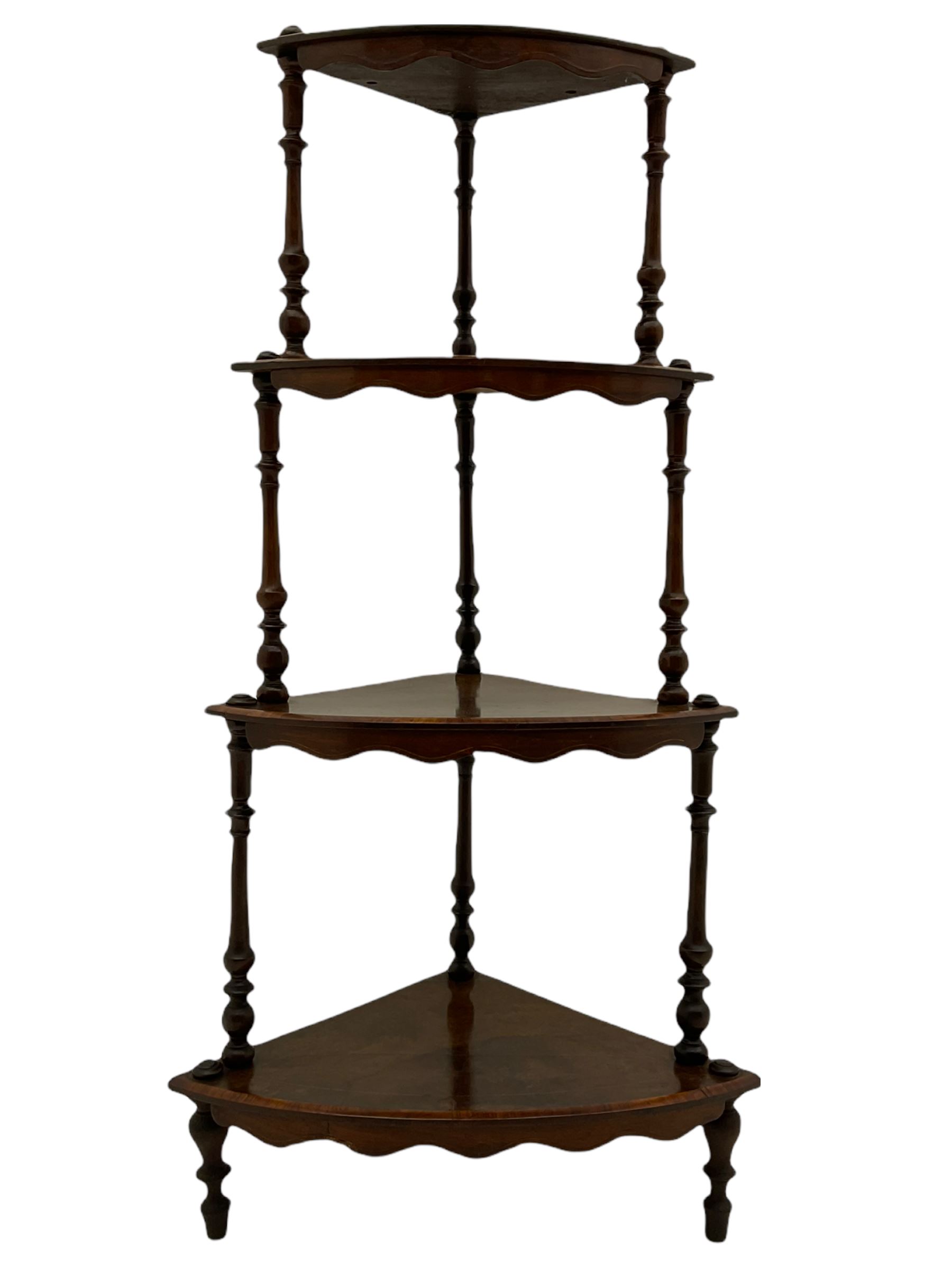 Victorian figured walnut corner whatnot, curved front, inlaid detail The Furnishings Sale
