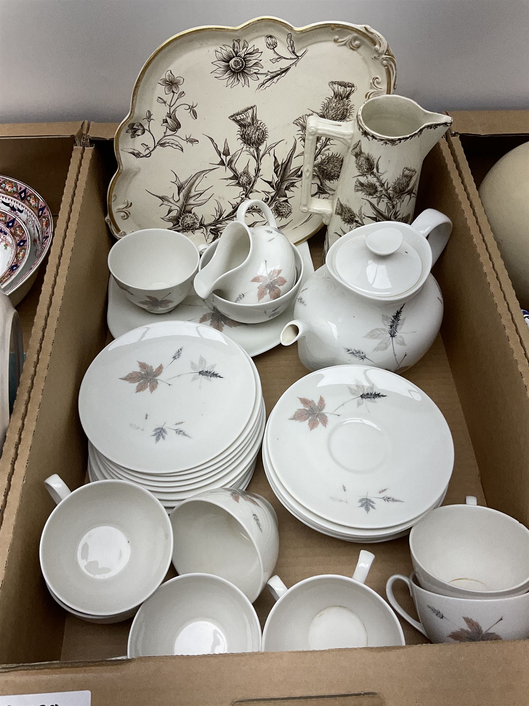 Denby Greenwheat pattern dinner wares, together with Royal Doulton Tumbling Leaves pattern tea and dinner wares, Royal commemorative ceramics including Wedgwood Jasperware table lighter, pair of Victorian glass hand painted vases, large blue and white urn with lid, Noritake part tea set, Staffordshire style dog and other ceramics and collectables, in boxes