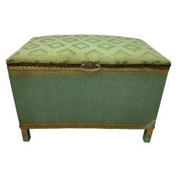 Teak sewing box with contents, a wicker blanket chest and small upholstered stool