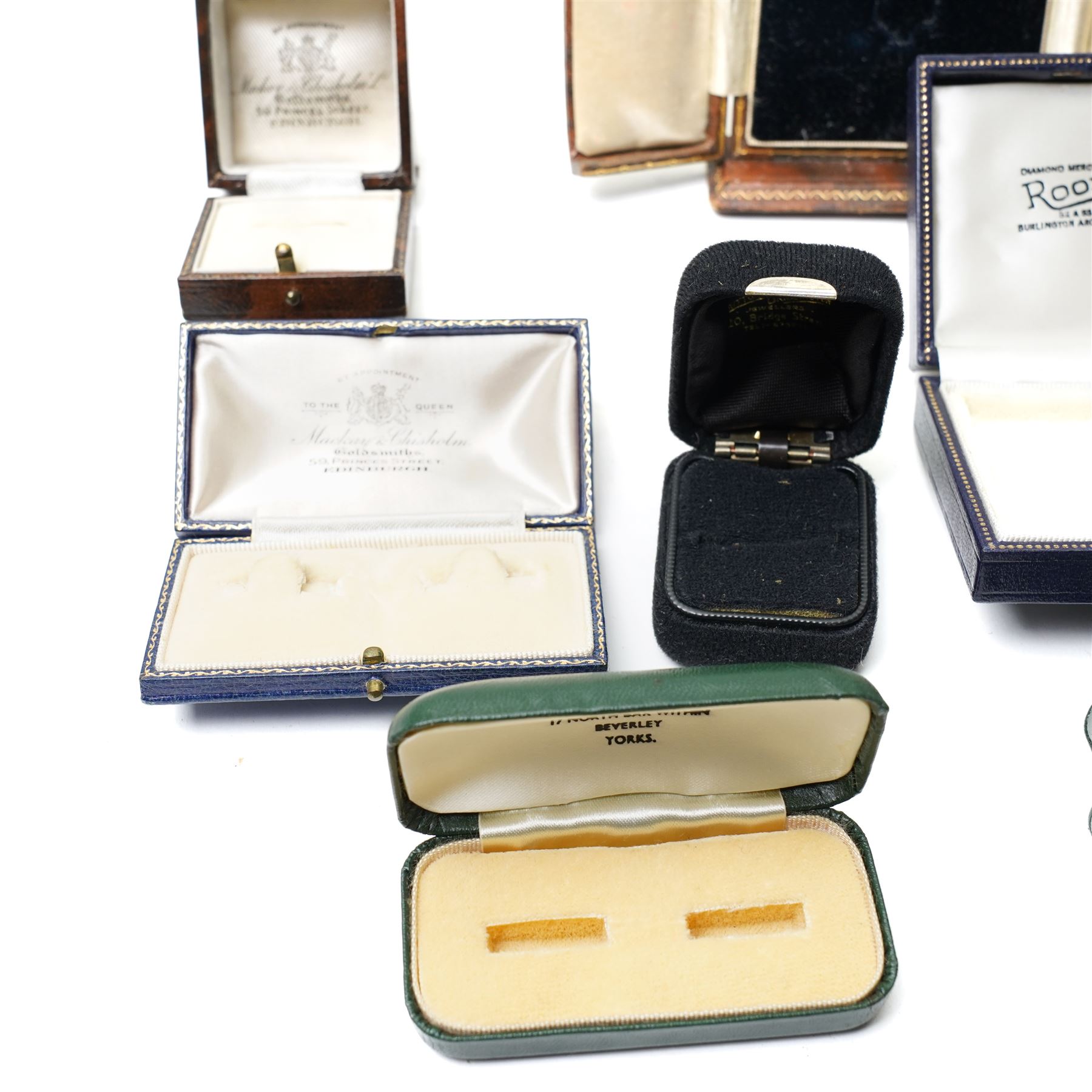 Number of vintage and other jewellery boxes including upright leather box by Mackay & Chisolm, Edinburgh, another by Mackay & Chisolm inscribed 1910-1950, another by Jas. Ramsay, Dundee inscribed S.S.Royal Scot launched 1929 etc