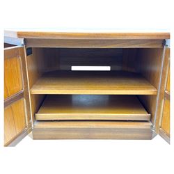 Nathan - teak wall unit and corner TV unit, bookcase unit with fixed shelves, locking fall front writing surface and twin door base with recessed panels(H 194cm, W 102cm, D 45cm), along with a matching angled corner TV cabinet with cupboard and side shelving (H 51cm, W 91cm, D 48cm)