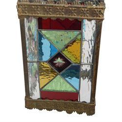 Edwardian metal framed hanging hall lantern, of rectangular form, with leaded stained and clear glass panels, H28cm
