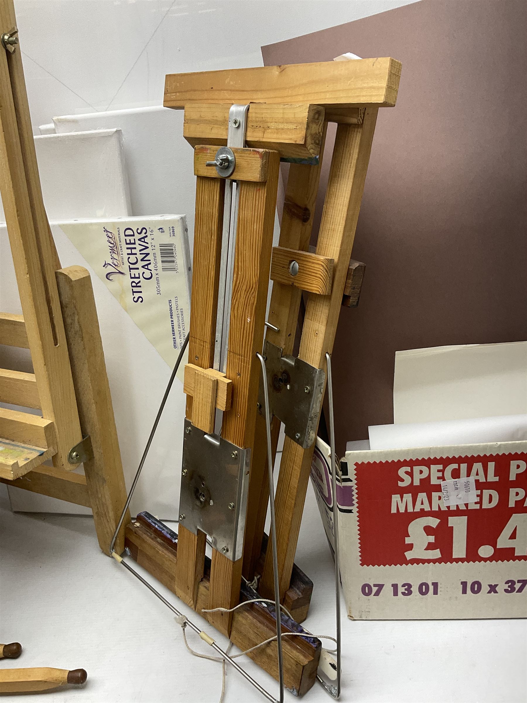 Large quantity of art supplies and equipment to include Crimson & Blake easel, tabletop easel, two large Winsor & Newton canvases and further smaller canvanses, sketchpads, paints etc