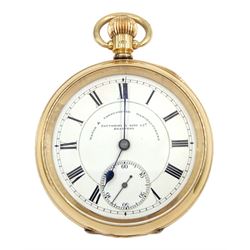 Early 20th century 9ct gold open face keyless lever pocket watch by American Watch Company, No. 18470404, white enamel dial with Roman numerals and subsidereary seconds dial, case by Dennison, Birmingham 1913, retailed by Fattorini & Sons Ltd, Bradford,in original case
