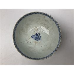 19th century Chinese blue and white bowl decorated with  pagoda river scenes, together with three plate oriental blue and white ceramics 