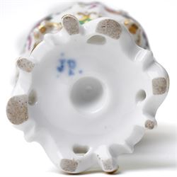 Pair of mid-19th century Jacob Petit ewers, in the Rococo Revival style, hand-painted with panels of flowers on a green ground and heightened profusely with gilt, JP mark in underglaze blue to base, H25cm