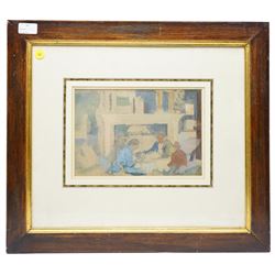 H Rutherford (British 19th/20th Century): Figures and Horses Walking Past a Barn and English School (19th/20th Century): Family Playing Games by the Fire, set of two watercolours one signed and dated '23 max 24cm x 33cm (2)