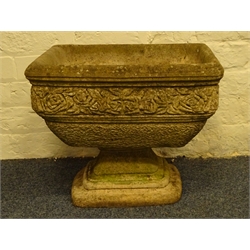  Composite stone square urn on pillar, W53cm, H41cm, D53cm  