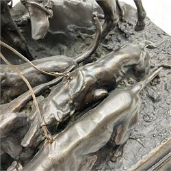 After Pierre Jules Mene, Mounted Huntsman and Hounds, bronze, modelled as a French huntsman on horseback leading five hounds, upon a naturalistic oval base, signed and dated P J Mêne 1869, H65cm