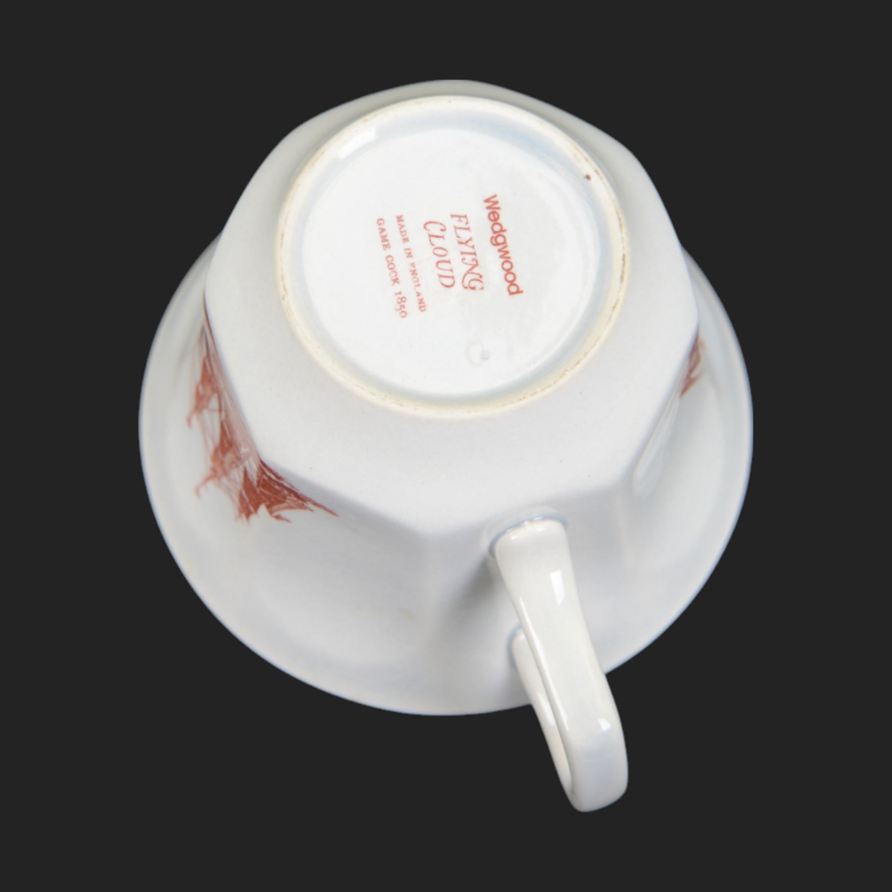 Wedgwood Flying Cloud Georgetown collection tea and dinner wares, including tureen, seven teacups, ten saucers, twelve side plates, three small bowls, two platters, thirteen dinner plates, etc, all decorated with red clipper ship and with printed marks beneath