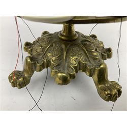 Victorian brass bobbin holder, with three tiers and pin cushion terminal, upon a foliate cast base with four paw feet, H29.5cm, together with a Victorian inlaid box, the holder supporting and box containing a number of cotton reels, (2)