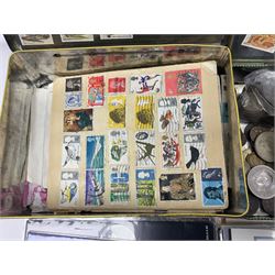 Great British and World stamps and coins, including various Queen Elizabeth II mint stamps in presentation packs, pre decimal coinage, 1995 old style two pound coin, etc