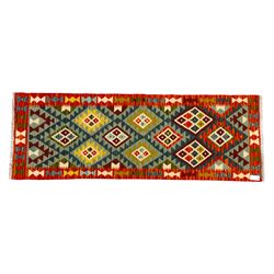 Afghan Maimana kilim flatweave runner, central field features a large bold nested diamond ...