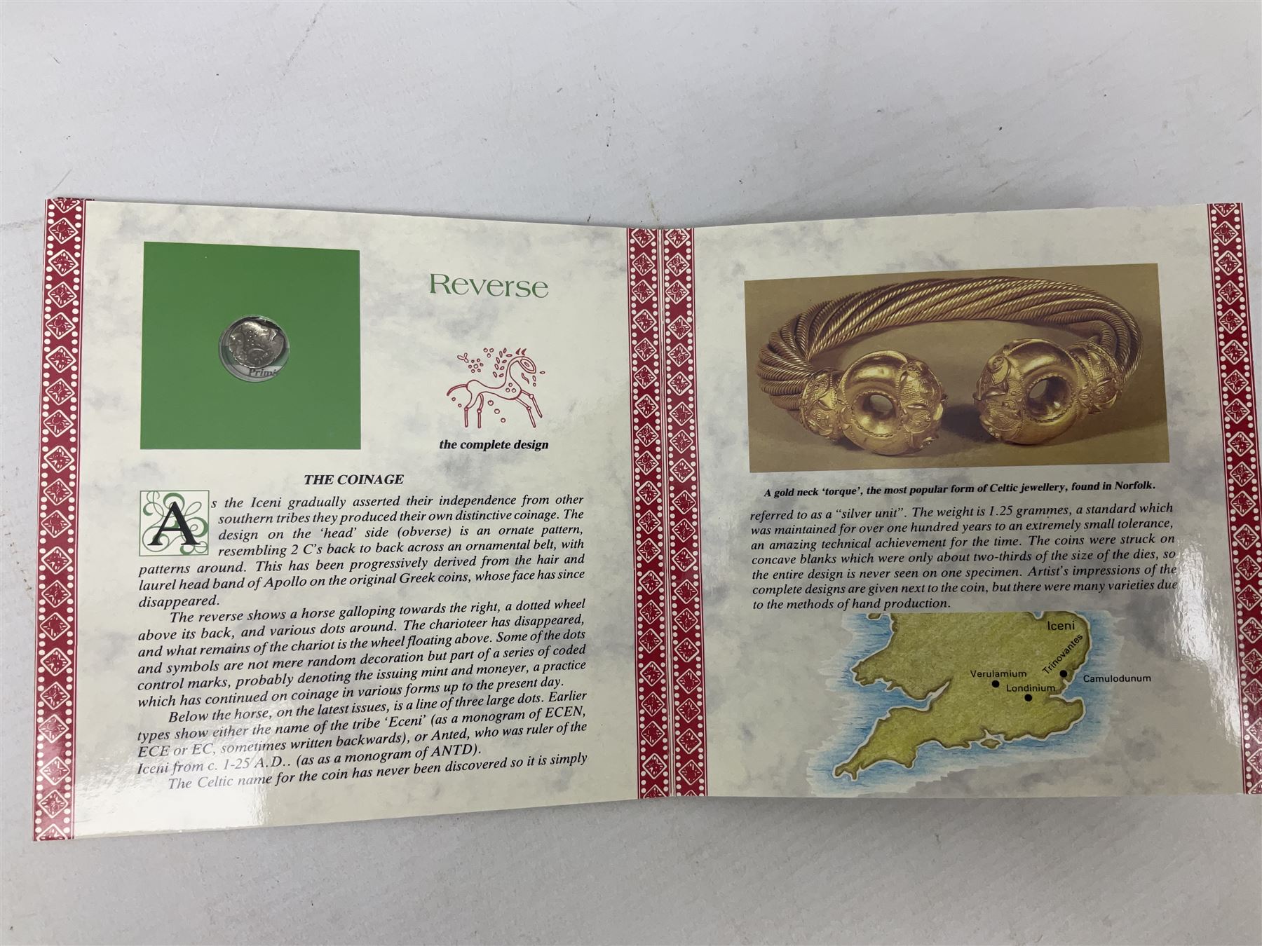 Iceni tribe silver coin, housed in 'The Coinage of Ancient Britain Celtic Coinage of the Iceni Tribe 0-60 A.D.' card presentation folder
