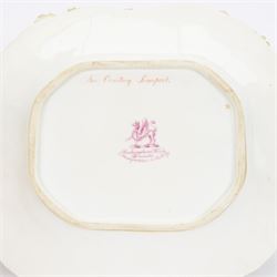 Early 19th century Rockingham porcelain basket, circa 1830, of elongated octagonal shape with gilt entwined, encrusted handle, the centre painted with a view of 'New Cemetery Liverpool', the rim encrusted and moulded with flowers and leaves, with puce Griffin mark and titled beneath, including handle H10.5cm W23cm
