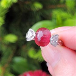 18ct white gold pink tourmaline and diamond ring, single oval cabochon cut tourmaline of approx 4.75 carat, set with a half moon cut diamond either side, to engraved laurel leaf design shoulders