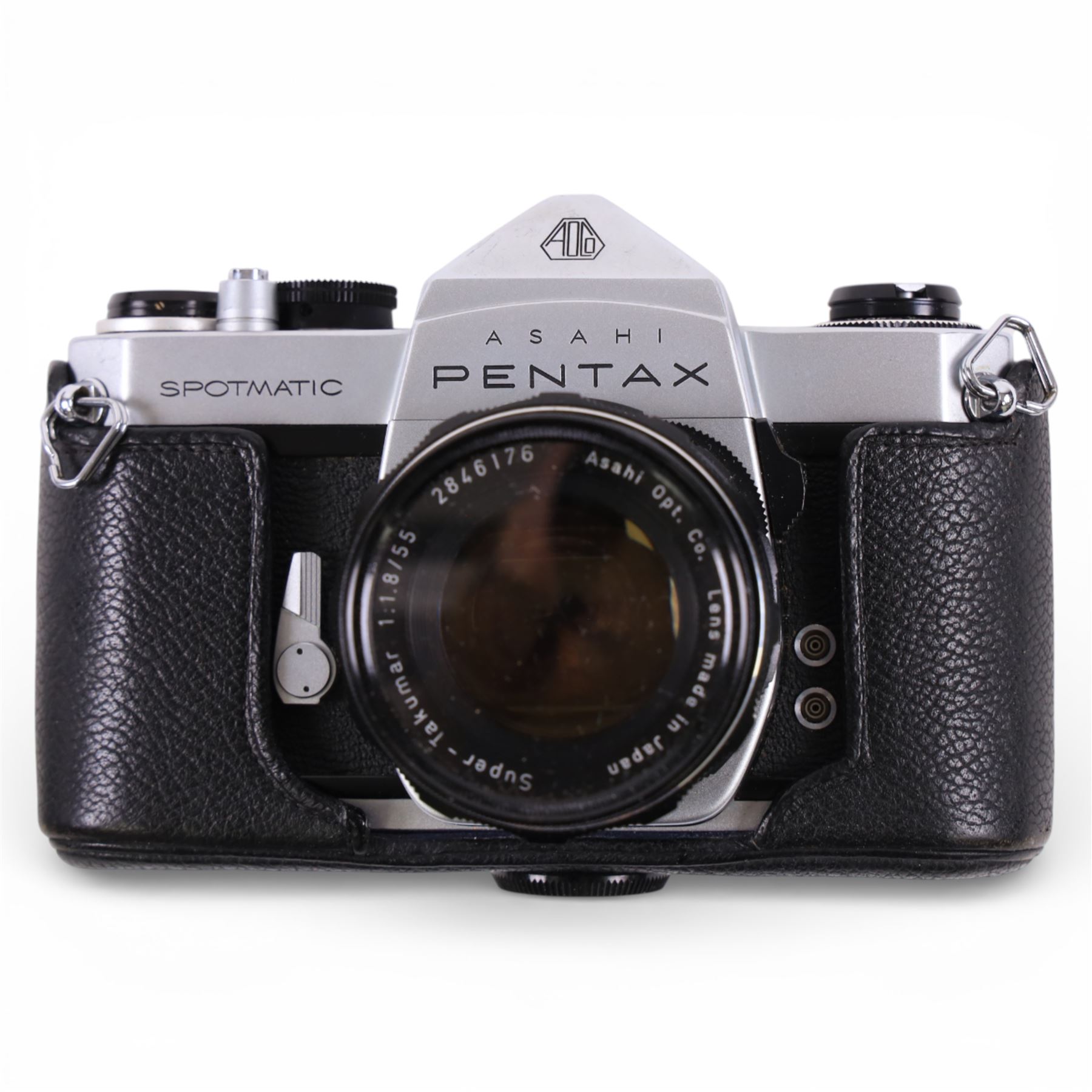 Asahi Pentax Spotmatic 35mm SLR camera, with Super-Takumar 1:1.8/55 lens, Petri Racer rangefinder camera and a Zenit-E camera, all in leather cases