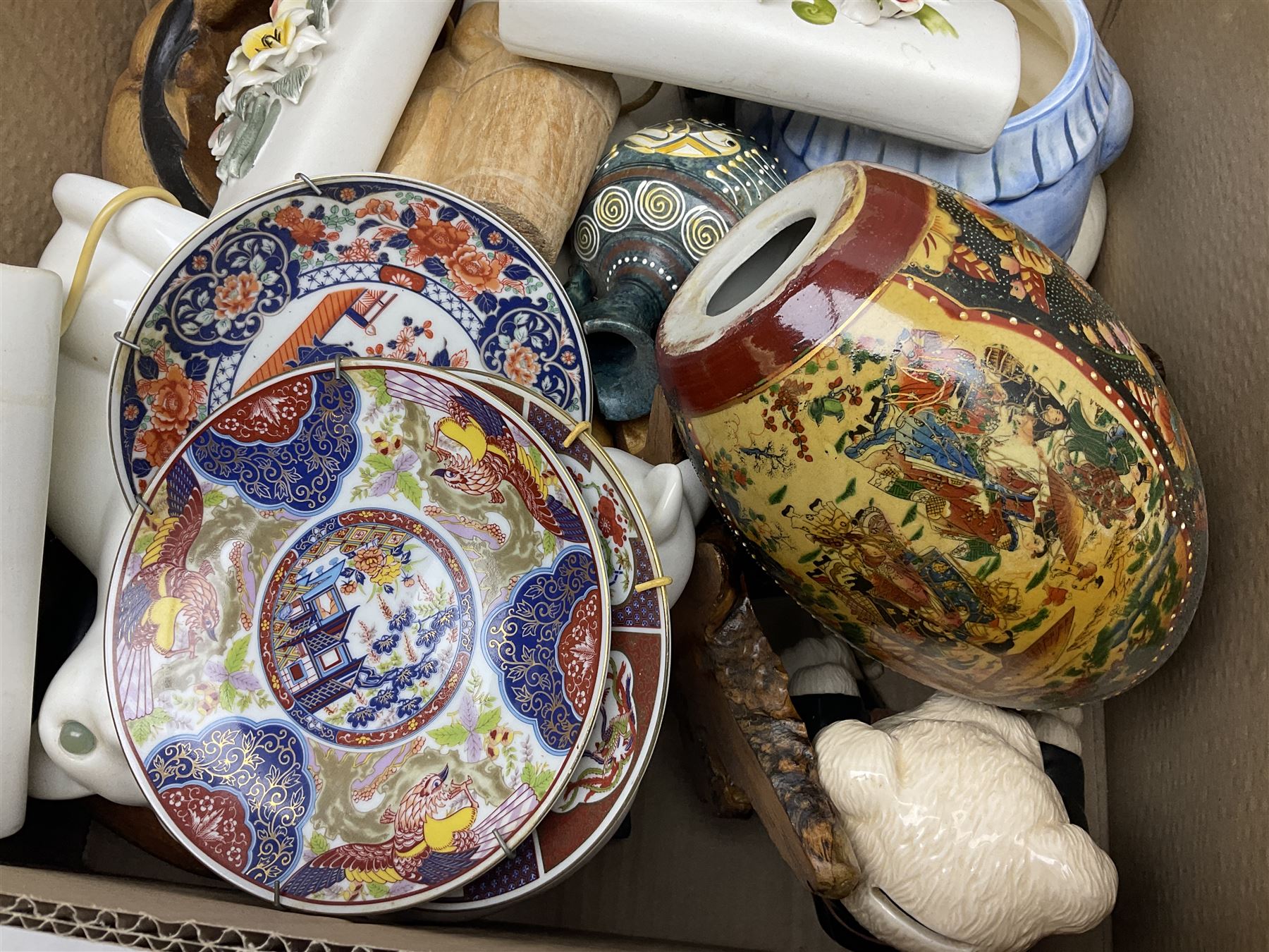 Japanese ceramic egg, three Japanese plates, various cat figures, treen etc in two boxes