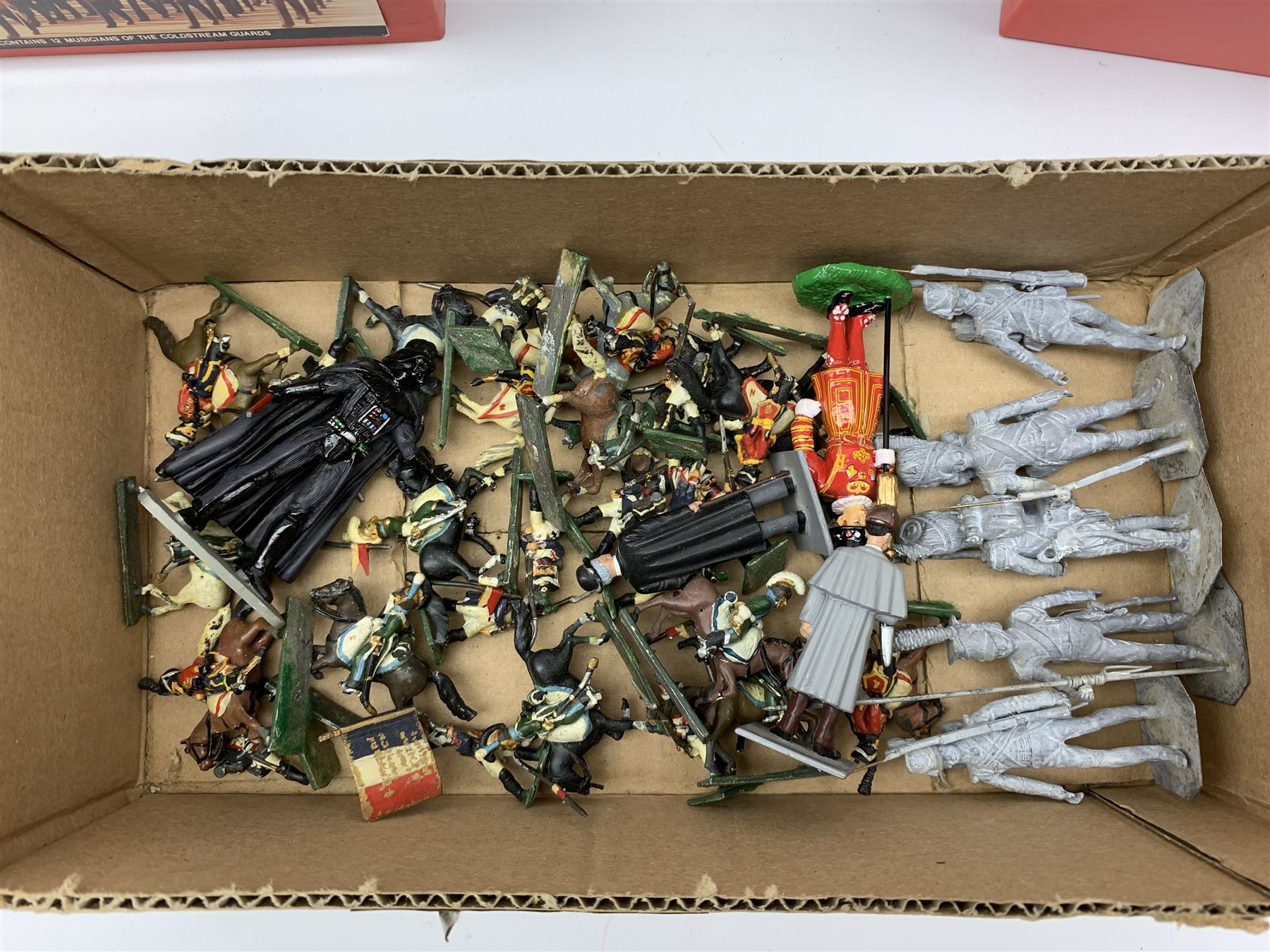 Various makers metal figures including M.J. Mode East Kent Regiment; Whitby Militaire Swiss Guards; HM Household Cavalry The Lifeguards Standard Bearer; Little Lead Londoners Coldstream Guards Band; Good Soldiers Dad's Army; and two Corgi Forward March figures; all mint and boxed; and a quantity of unboxed figures including Sherlock Holmes & Dr. Watson, Darth Vader etc