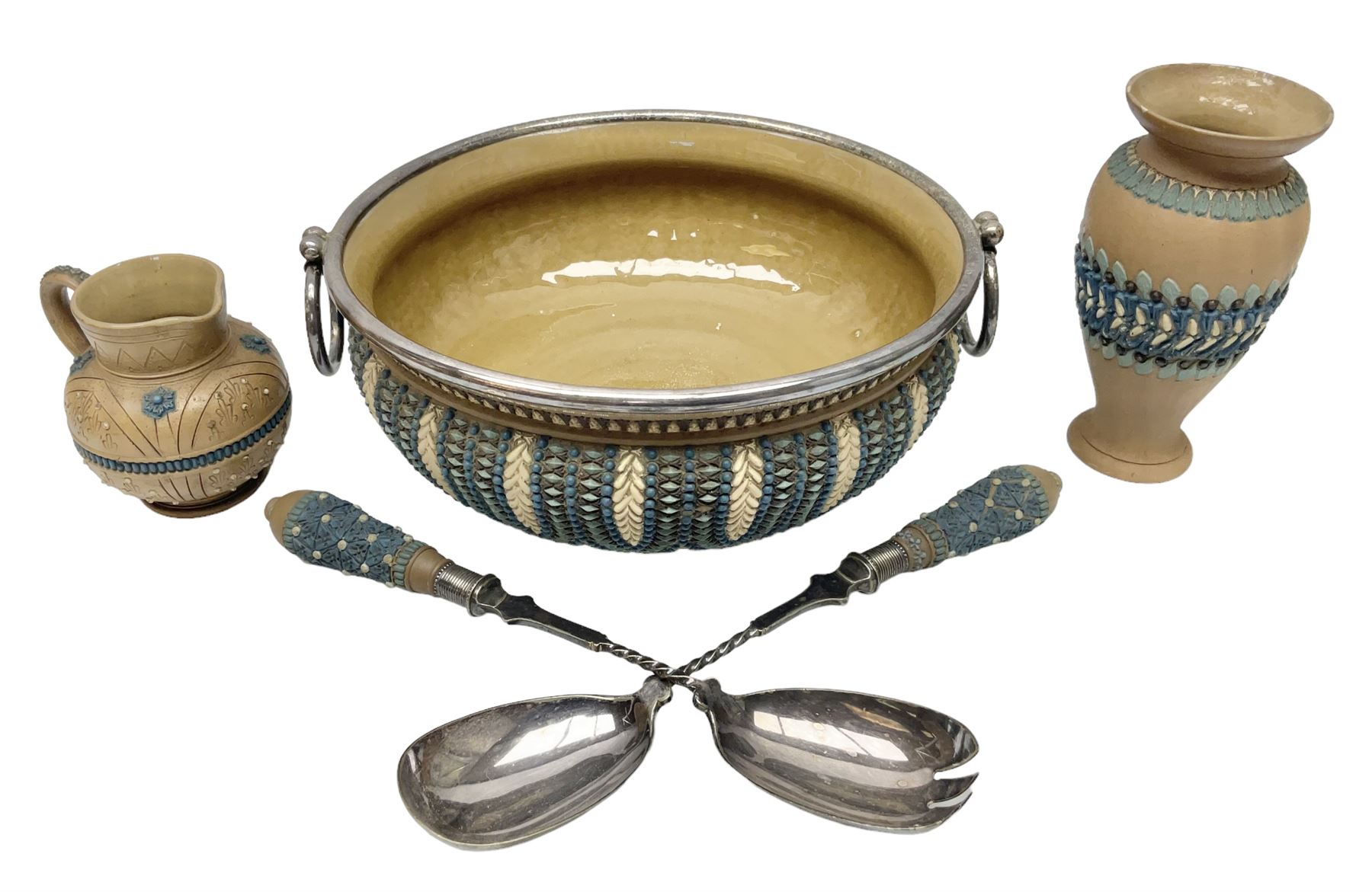 Five pieces of Doulton Lambeth silicon, comprising  salad bowl with plate mounted rim and handles, a pair of similar salad servers, vase and jug, jug H16cm