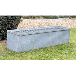 Galvanised trough planter with hinged mesh top. H40cm, L168cm, D43cm.