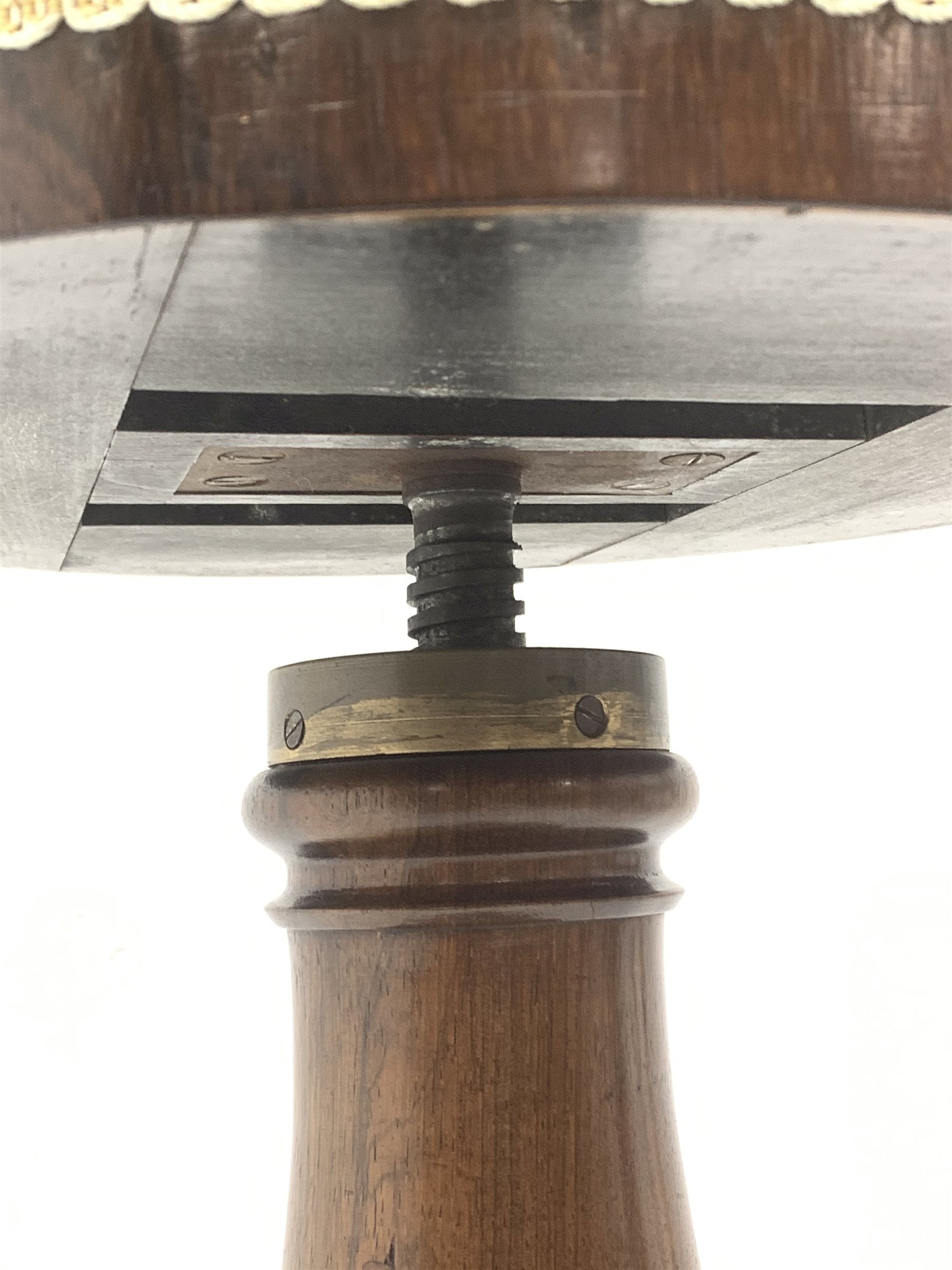 Victorian rosewood adjustable piano stool, circular revolving upholstered seat on turned column support, lobe carved platform base, three scroll carved feet, H53cm (lowest height)