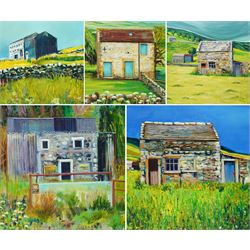 Sue Dewhurst (British Contemporary): 'Barn with Blue Door' 'Blue Metal Barn' 'Haytime' and...