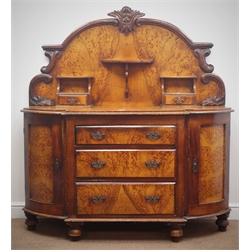  Victorian scrumbled pine chiffonier, raised shaped back with floral carvings, two trinket and three long drawers, two cupboard doors, turned supports, W149cm, H159cm, D56cm  