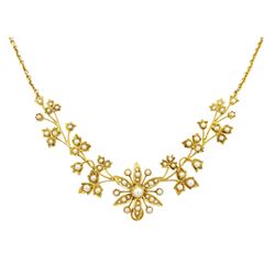 Edwardian 15ct gold split pearl flower head and foliate necklace