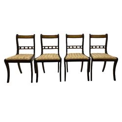 Set of eight Regency style mahogany dining chairs, brass inlay with gilded detail