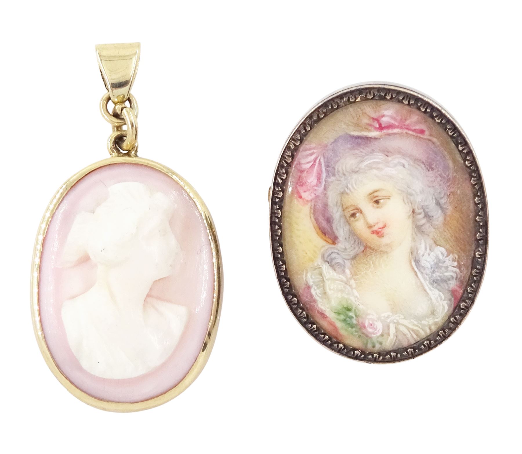 19th/ early 20th century French portrait brooch, set with an oval miniature of a woman on ivory and a 9ct gold cameo pendant. This lot has been registered for sale under Section 10 of the APHA Ivory Act