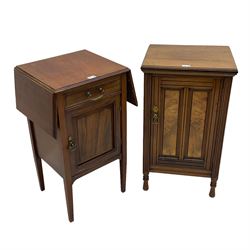 Late Victorian walnut bedside cupboard (W45cm, H77cm, D40cm), late Victorian side cabinet with moulded drop leaf top (W42cm, H76cm, D39cm), pair beech chairs with cane seats, two tier stand with drawer and a late 19th century style chair (6)