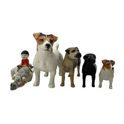 Beswick animals comprising John Beswick Norman Thelwell figure 'Kick-Start', John Beswick model of a Border Terrier, Black Labrador and two Jack Russell Terriers (5)