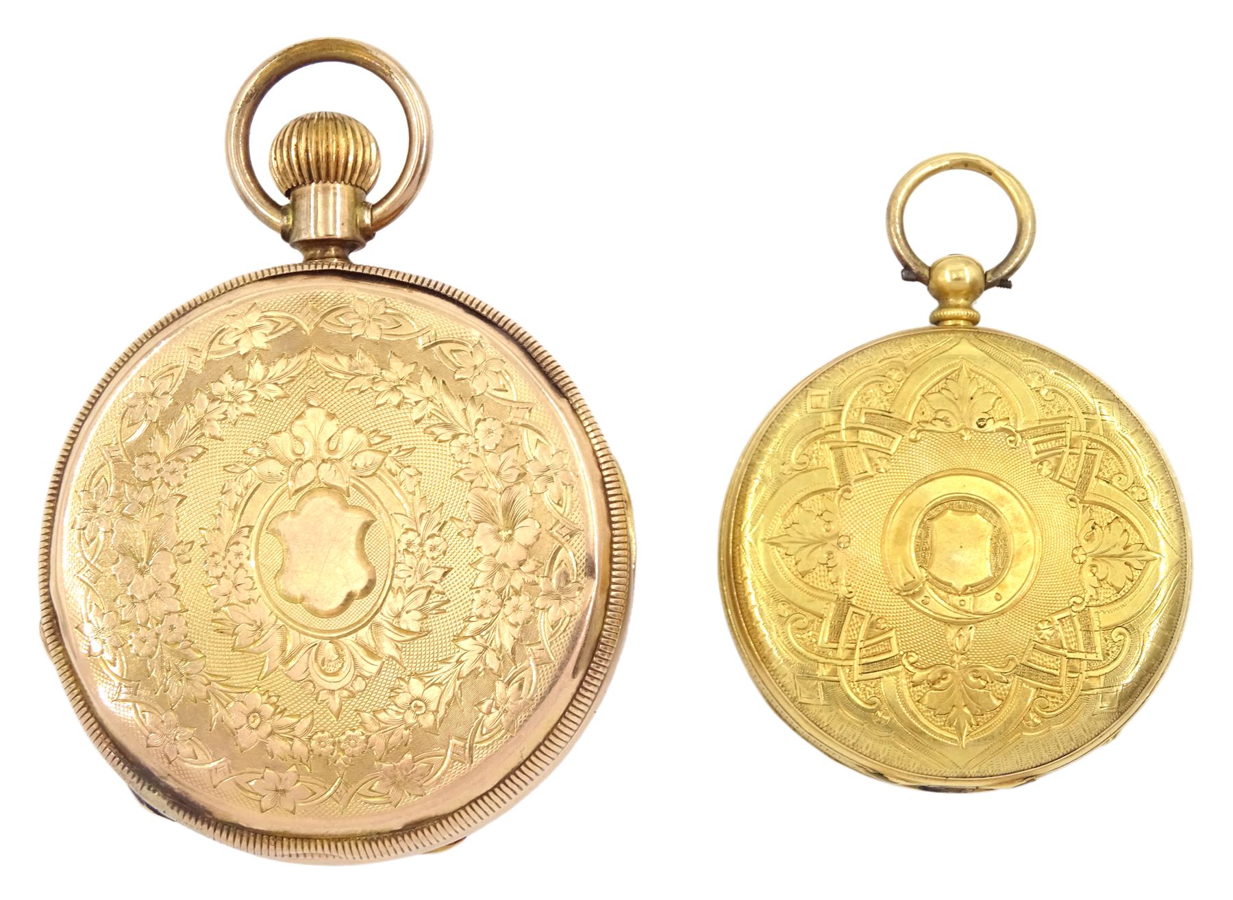 Early 20th century 14ct gold half hunter Swiss lever pocket watch, white dial with Roman numerals and subsidiary seconds dial and an 18ct gold open face cylinder pocket watch, both stamped