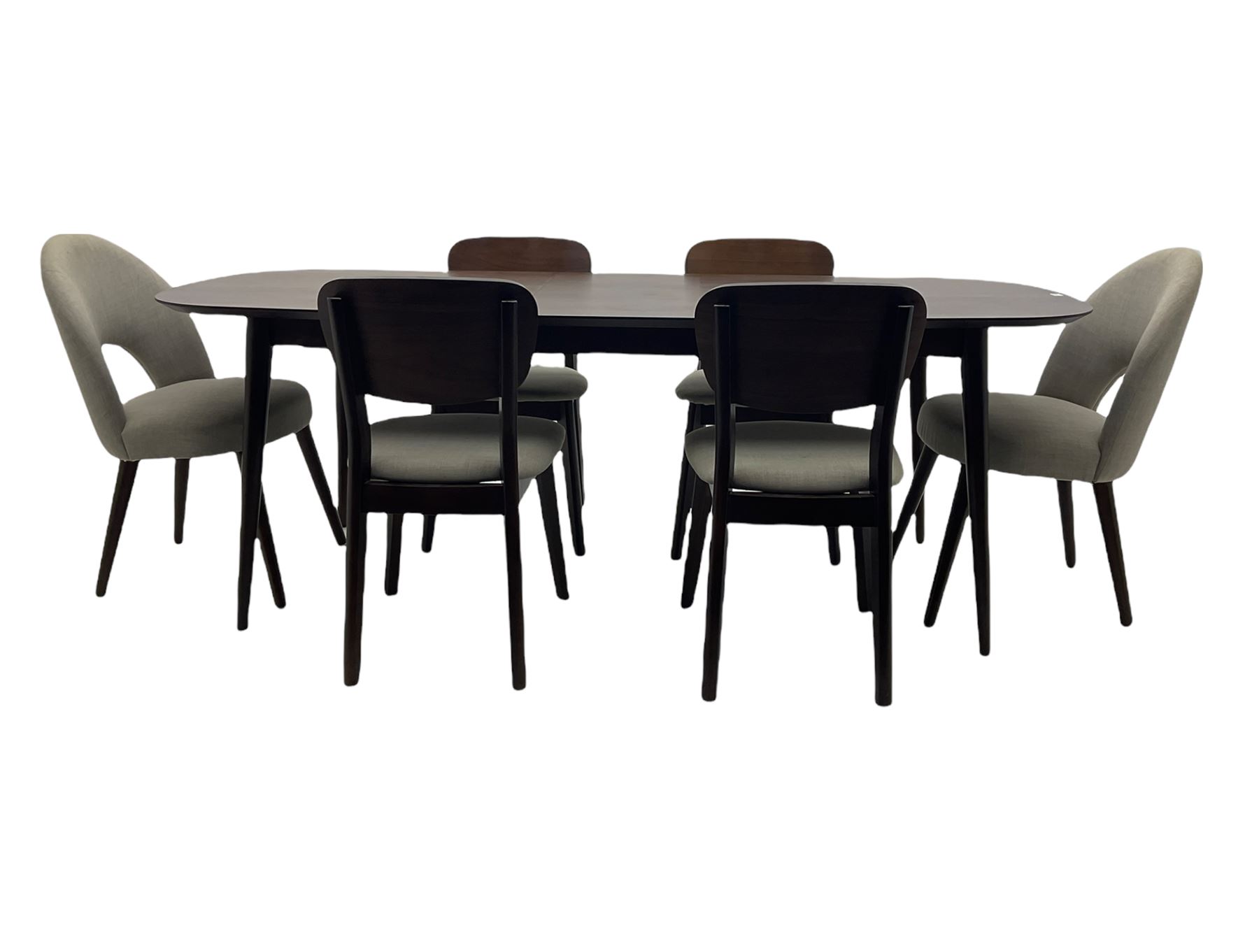 Bentley Designs - Premier collection 'Oslo' contemporary walnut extending dining table and six chairs upholstered in steel grey fabric. 